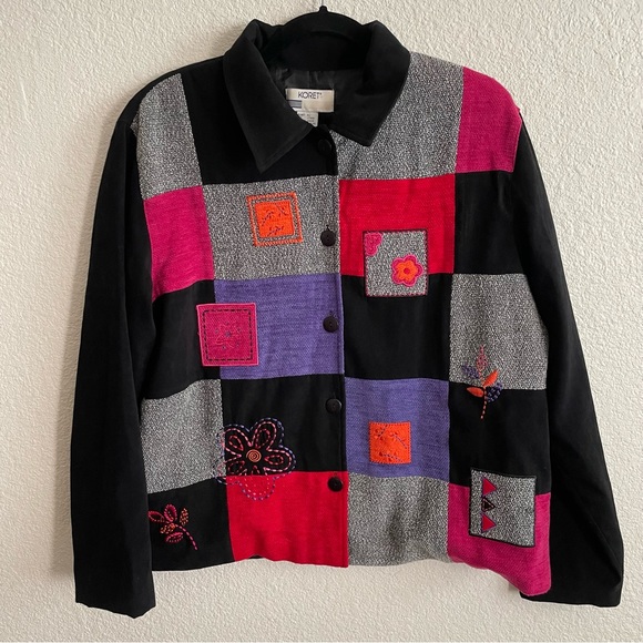 Vintage Koret Black Patchwork Embroidered Collared Retro Jacket Blazer - Picture 1 of 7